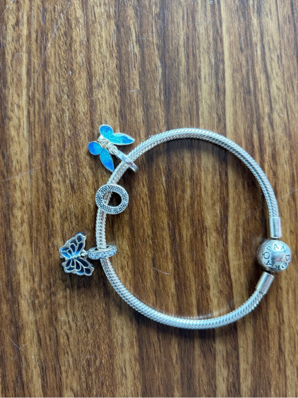 Pandora Silver Bracelet with Blue Enamel Butterfly Charms and Spacer